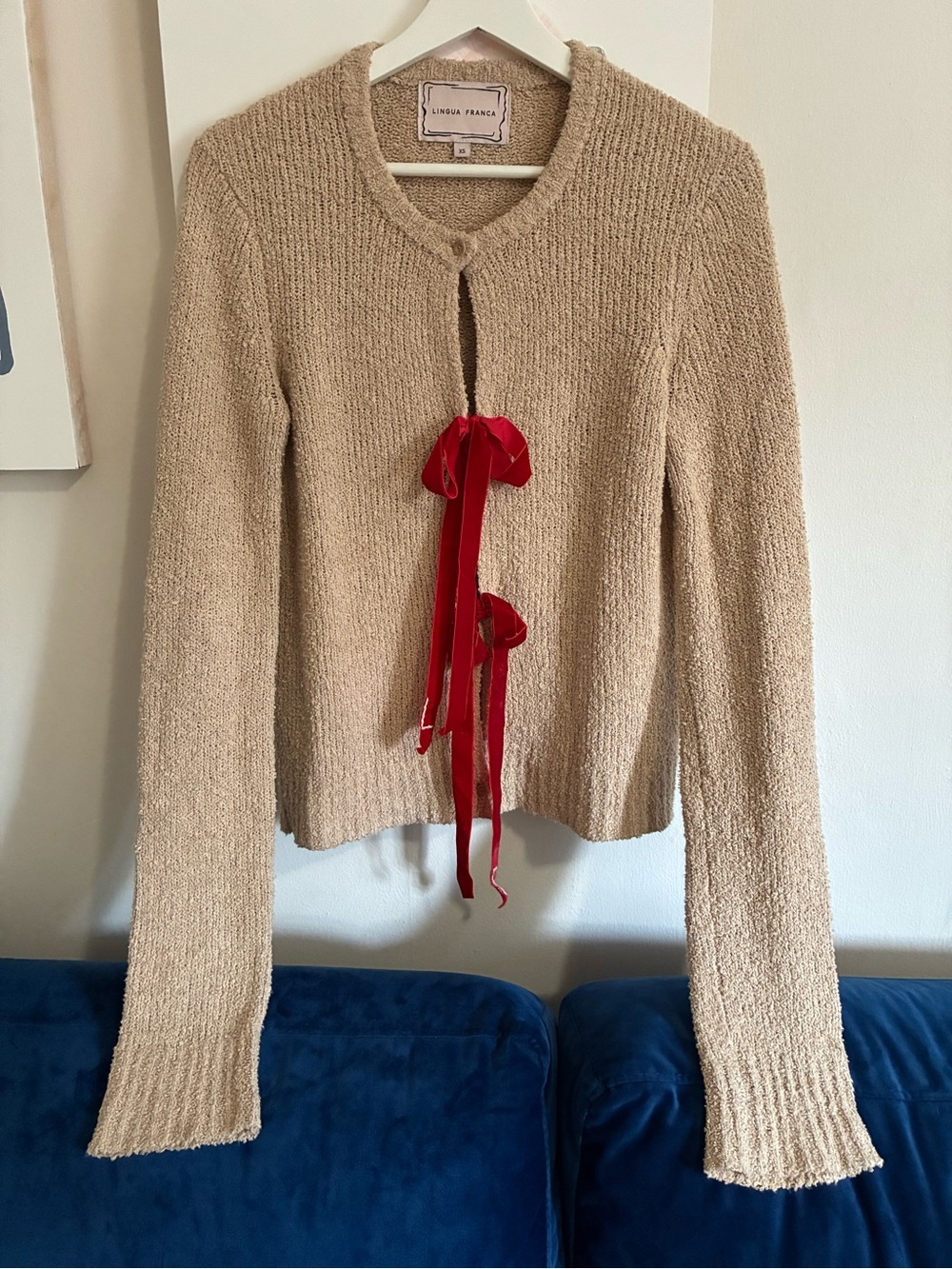 Lingua Franca Beige Knit Cardigan with Red Velvet Ribbon Bows
